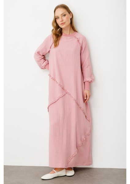 Yumuşak Dokusu ve Zarif Detaylarıyla Ipekçe Doku Ribanalı Özel Elbise-Pudra