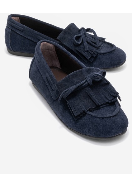 Axelı Lacivert Süet Hakiki Deri Fiyonklu Saçaklı Kadın Loafer Ayakkabı