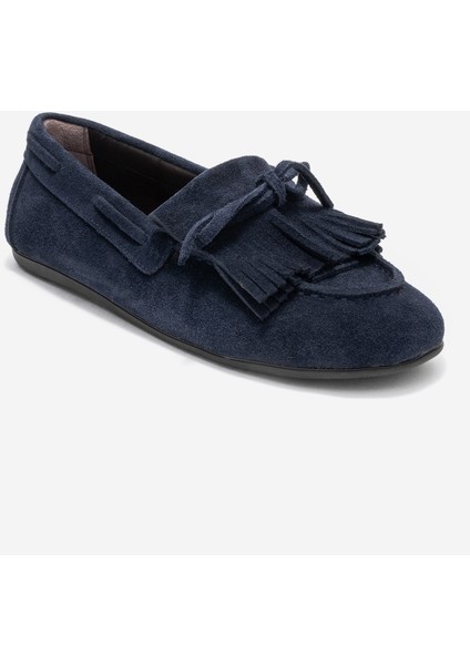 Axelı Lacivert Süet Hakiki Deri Fiyonklu Saçaklı Kadın Loafer Ayakkabı fiyatları