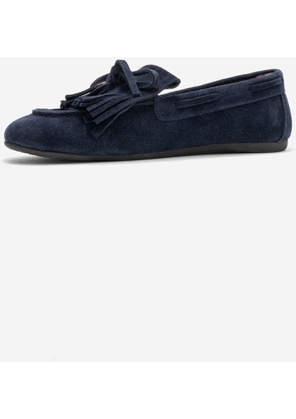 Axelı Lacivert Süet Hakiki Deri Fiyonklu Saçaklı Kadın Loafer Ayakkabı modelleri