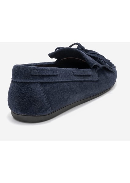 Axelı Lacivert Süet Hakiki Deri Fiyonklu Saçaklı Kadın Loafer Ayakkabı fırsatları