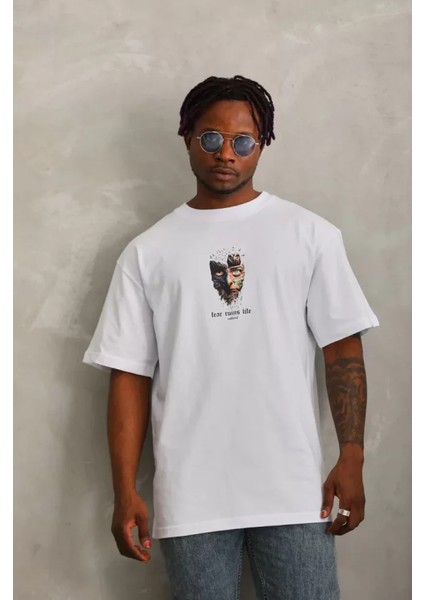 Unisex Oversize Baskılı Bisiklet Yaka T-Shirt - Beyaz modelleri
