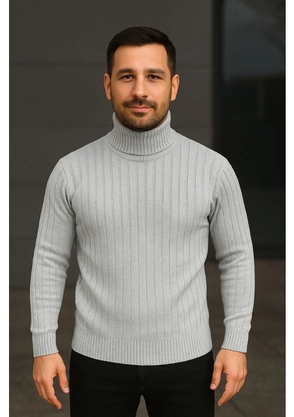 Erkek Fitilli Triko Kazak 2li Set Gri Siyah Regular Balıkcı Yaka Tam Boğazlı Triko Seti Modeli K modelleri