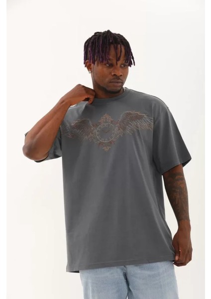 Unisex Oversize Taşlı Bisiklet Yaka T-Shirt - Füme fırsatları