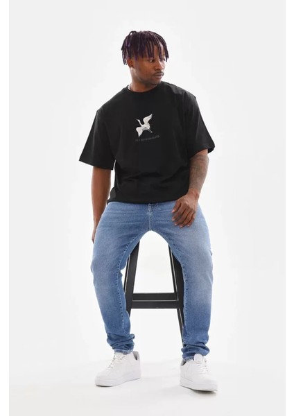 Unisex Baskılı Oversize T-Shirt - Siyah modelleri