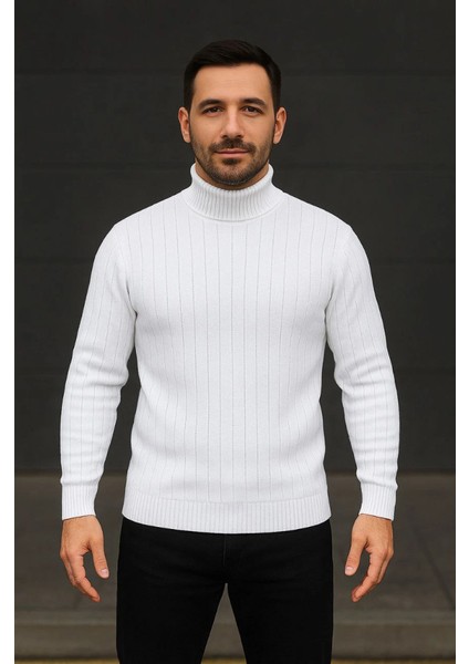 Erkek Fitilli Triko Kazak 3lü Set Beyaz Bordo Siyah Regular Balıkcı Yaka Tam Boğazlı Triko Seti fırsatları