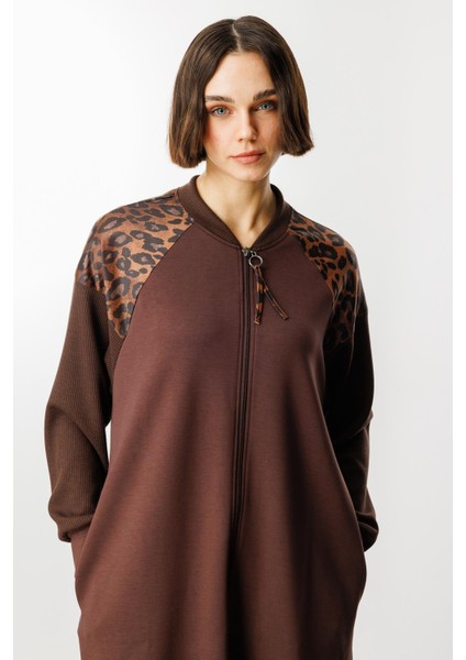 Leopar Omuz Detaylı Örme Zamansız Kap Ferace-Kahve