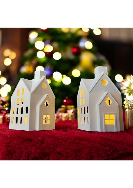 Beyaz Kış Evleri 2'li Set, Dekoratif Noel ve Tealight Mumluklar