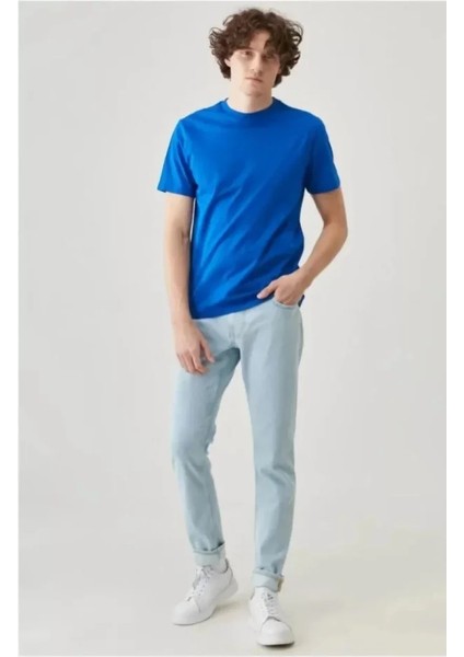 Unisex Düz Biskilet Yaka Oversize T-Shirt - Mavi fırsatları