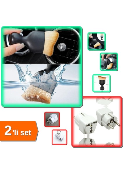Mini Araç Içi Temizlik Fırçası Yumuşak Kıllı + Seyahat Tipi Universal Priz Adaptörü - 2li Set E5E7K8