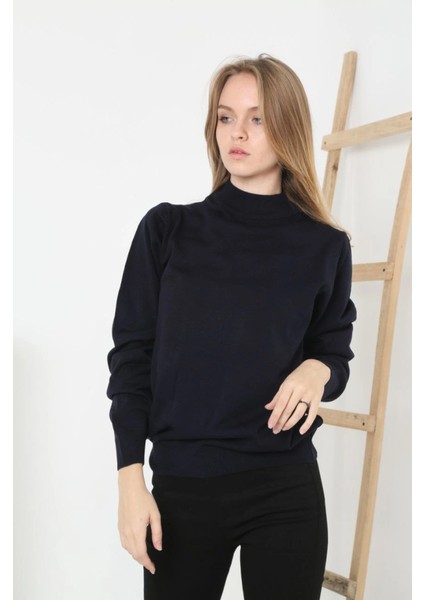 Yarım Boğaz Triko Kazak Yumuşak Dokulu Pamuklu Ince Dokuma, Uzun Kollu Rahat Regular Kalıp - Siy