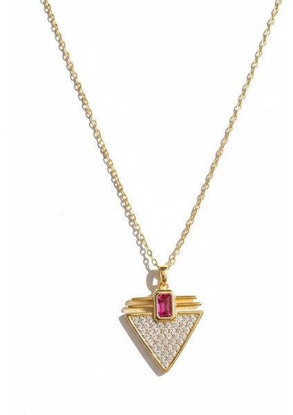 Çelik Üçgen Kolye Kırmızı Taşlı Zirkon Kararmaz Takı