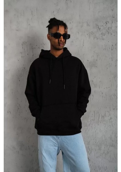 Erkek Düz Kapüşonlu Sweat - Siyah