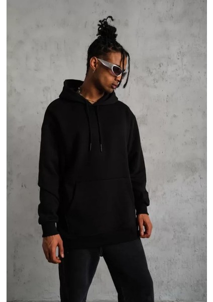 Erkek Düz Kapüşonlu Sweat - Siyah fırsatları