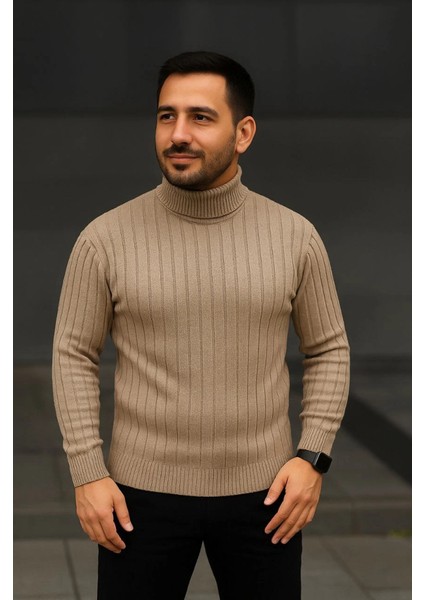 Erkek Fitilli Triko Kazak 3lü Set Bej Haki Siyah Regular Balıkcı Yaka Tam Boğazlı Triko Seti Mo fırsatları