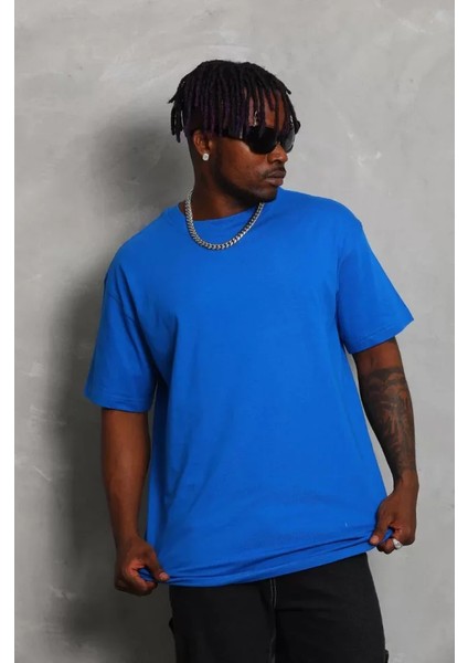 Unisex Oversize Düz Bisiklet Yaka T-Shirt - Mavi fiyatları