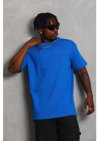 Unisex Oversize Düz Bisiklet Yaka T-Shirt - Mavi fırsatları