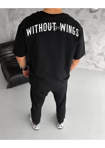 Unisex Bisiklet Yaka Baskılı Oversize T-Shirt - Siyah modelleri