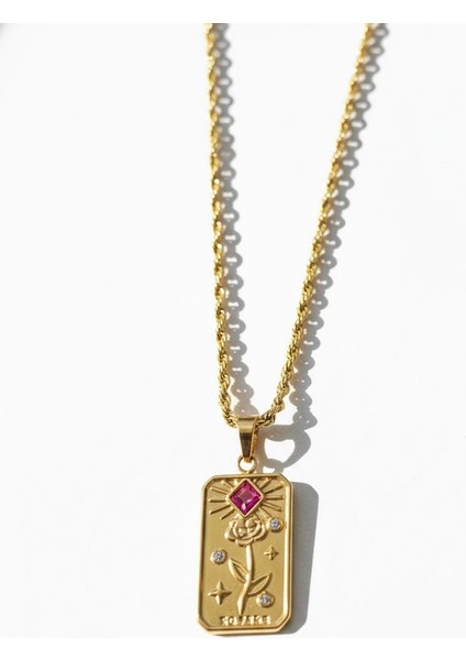 Çelik Gül Plaka Kolye Kırmızı Taşlı Burgu Zincir Kararmaz Takı