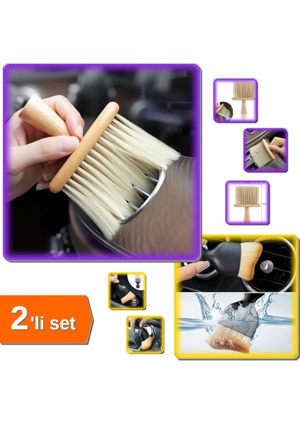 Araç Için Ahşap Saplı Yumuşak Kıllı Fırça + Mini Araç Içi Temizlik Fırçası Yumuşak - 2li Set Z9A1H2