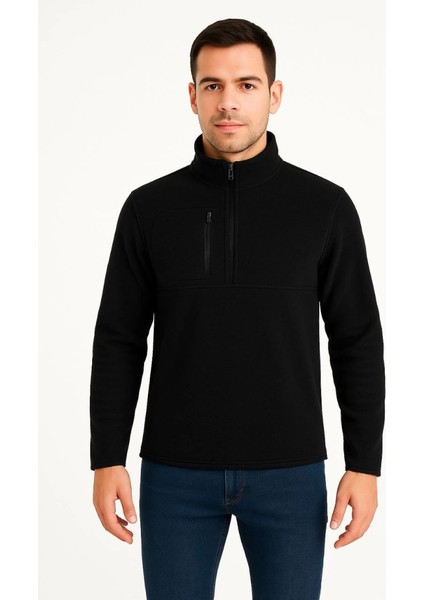 Erkek Polar Kazak – Dik Yaka, Yarım Fermuarlı, Fermuarlı Göğüs Cepli, Siyah Biyeli, Kışlı fiyatları