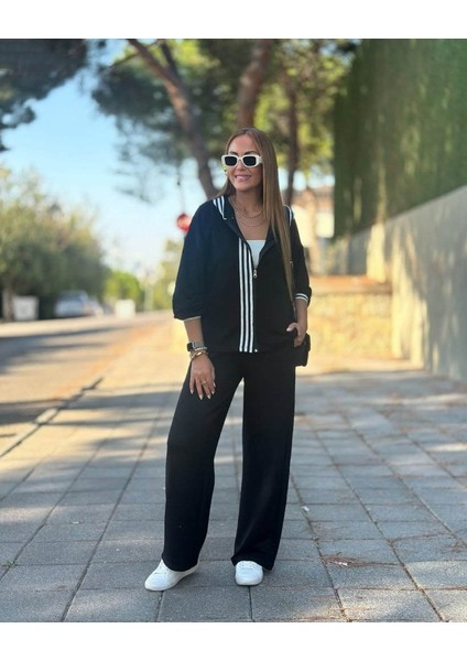 Kadın Uzun Kollu Kapşonlu Onu Şerit Detaylı Fermuarlı Viskon Iki Iplik Bluz ve Pantolon Ikili T modelleri