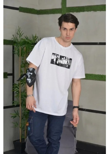 Unisex Bisiklet Yaka Baskılı Oversize T-Shirt - Beyaz