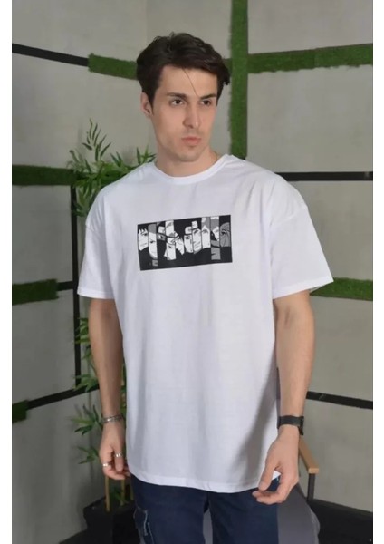 Unisex Bisiklet Yaka Baskılı Oversize T-Shirt - Beyaz modelleri