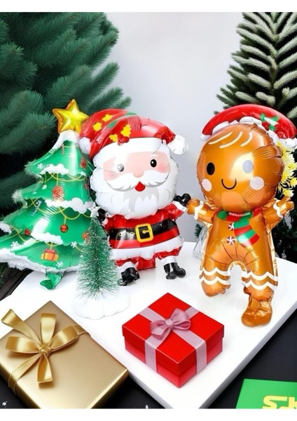 3’lü Yılbaşı Balon Seti, Noel Baba, Çam Ağacı ve Gingerbread Figürleriyle Süsleyin