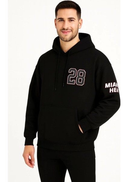 Üç Iplik Kapüşonlu Ön ve Arka Baskılı Sweatshirt Hoodie - Siyah
