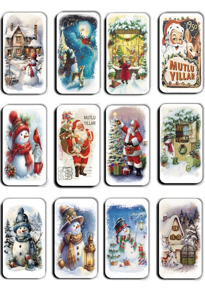 12'li Simli Noel Magnetleri, Yılbaşı Temalı Kardan Adam, Noel Baba ve Çam Ağacı (5,5X11 Cm)