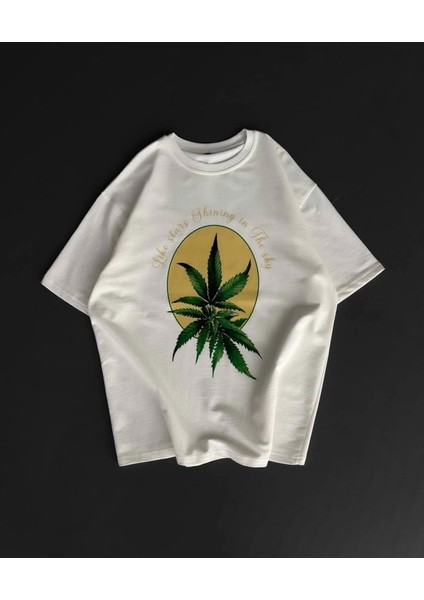 Ön ve Arka Baskılı Oversize Bisiklet Yaka T-Shirt- Beyaz