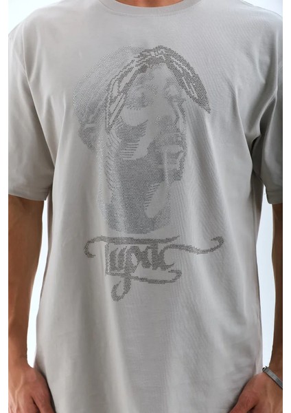 Unisex Oversize Taşlı Bisiklet Yaka T-Shirt - Gri modelleri