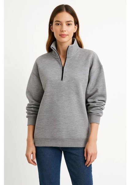 Üç Iplik Dık Yaka Yarım Fermuarlı Sweatshirt - Gri modelleri