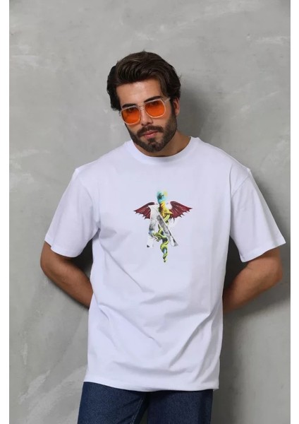 Unisex Bisiklet Yaka Baskılı Oversize T-Shirt - Beyaz