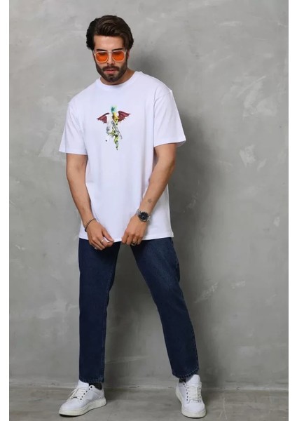 Unisex Bisiklet Yaka Baskılı Oversize T-Shirt - Beyaz fırsatları