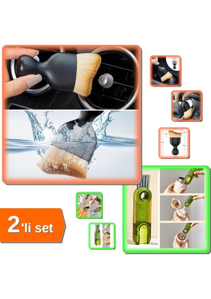 Araç Içi Temizlik Fırçası Yumuşak Kıllı + Çok Amaçlı U Şekilli 3 Fonksiyonlu Fırça - 2li Set C3J3H1