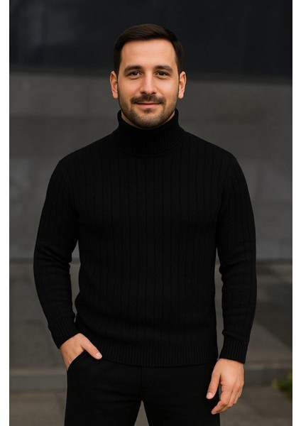 Erkek Balıkcı Yaka Bağazlı Triko Kazak Pamuklu Kalın Fitilli Dokuma, Regular Fit Uzun Kollu Kı