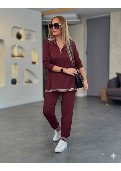 Kadın Uzun Kollu Fermuarlı Şerit Detay Desenli Alt Üst Ikili Viskon Iki Iplik Takım fiyatları