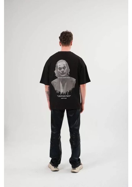 Unisex Bisiklet Yaka Baskılı Oversize T-Shirt - Siyah modelleri