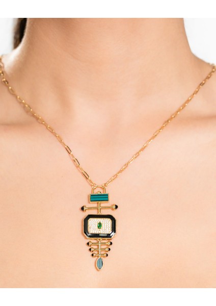 Mg Xl Kolye – Altın Kaplama, Zümrüt Yeşili Taşlı, Büyük Boy Geometrik Uçlu