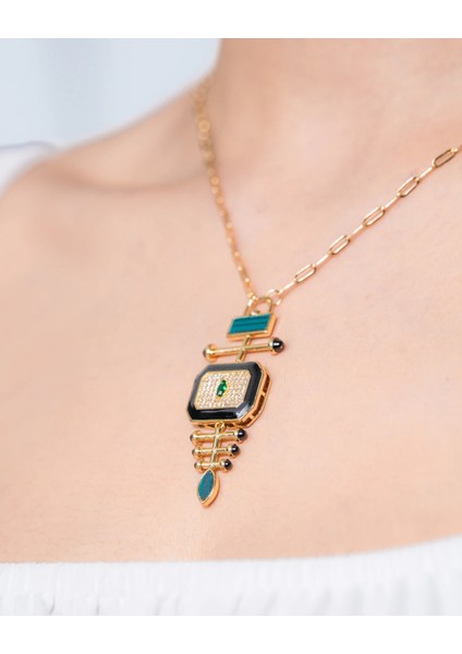 Mg Xl Kolye – Altın Kaplama, Zümrüt Yeşili Taşlı, Büyük Boy Geometrik Uçlu fırsatları