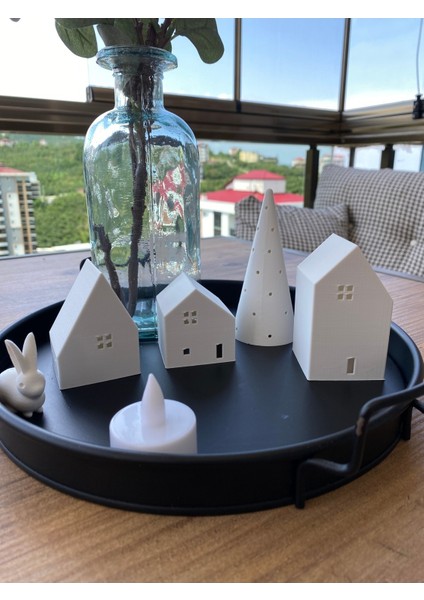 Beyaz 4'lü Kış Temalı Tealight Mumluk ve Çam Ağacı Dekorasyon Seti