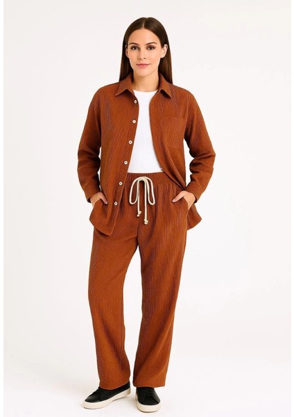 Kadife Oversize Takım – Gömlek ve Pantolon Ikili Set Füme Corduroy Şıklığı, Rahat ve Zari fırsatları