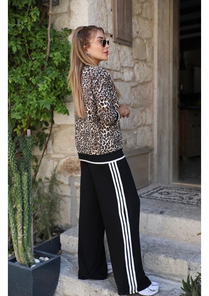 Kadın Uzun Kollu Bisiklet Yaka Leopar Desenli Iki Iplik Bluz ve Viskon Iki Iplik Pantolon Ikili Tak modelleri