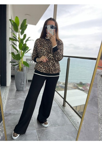 Kadın Uzun Kollu Bisiklet Yaka Leopar Desenli Iki Iplik Bluz ve Viskon Iki Iplik Pantolon Ikili Tak fırsatları