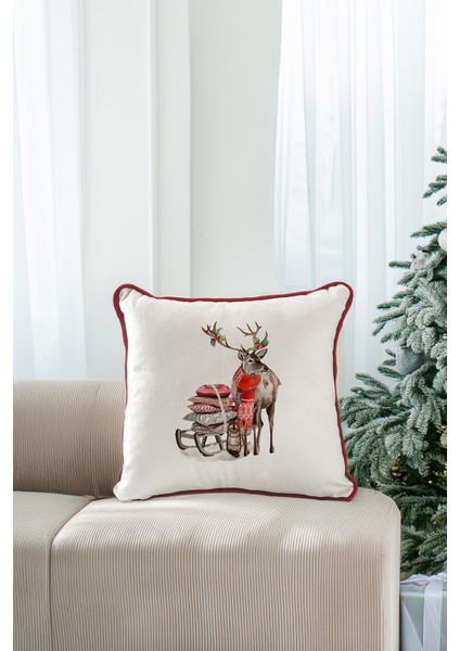 Yılbaşı Geyik Desenli Kırmızı Biyeli Dekoratif Yastık Kılıfı 45X45