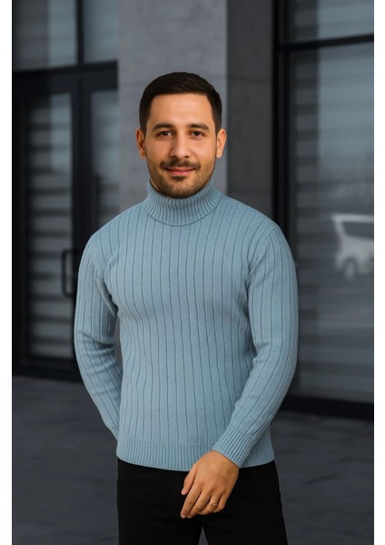 Erkek Fitilli Triko Kazak 2li Set Bebek Mavisi Siyah Regular Balıkcı Yaka Tam Boğazlı Triko Seti fiyatları