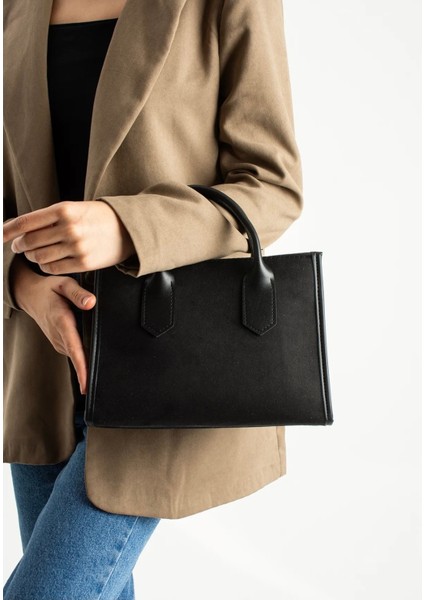 *** Kadın Siyah Süet El ve Omuz Çantası