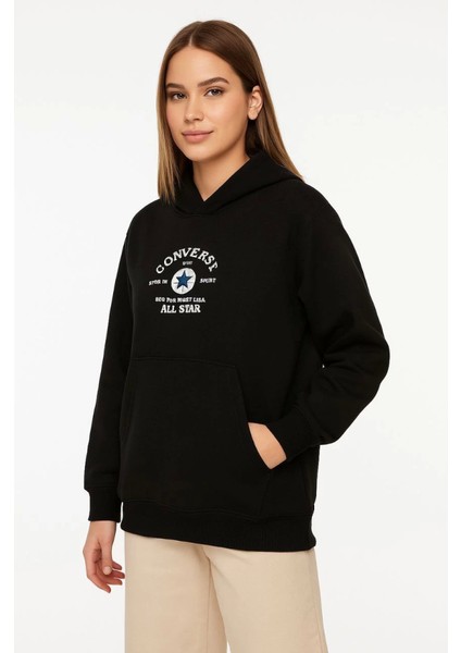 Üç Iplik Kapşonlu Ön ve Arka Baskılı Sweatshirt Hoodie- Siyah